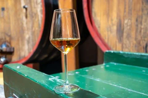 Visit of wine cellar with old large oak barrels, glass of fortified dry or .. Stock Photos