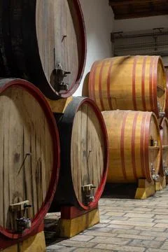 Visit of wine cellar with old large oak barrels, production of fortified dr.. Stock Photos