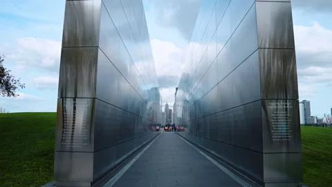 Visiting Empty Sky Memorial in Liberty State Park in Jersey City, USA. Video stock 318225205