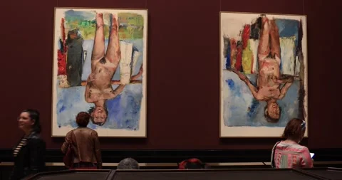 Visitor beneath Georg Baselitz Nackte Meister at Kunsthistorisches Museum Vienna Stock Footage 321031935
