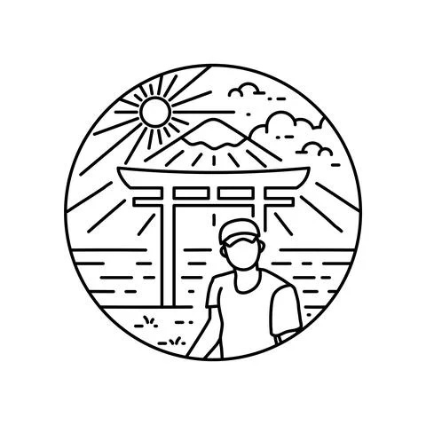 A visitor in front of a typical Japanese Gate and mount Fuji Stock Illustration