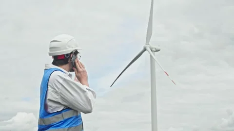 A visitor to a new wind farm contacted his supervisor to report a problem with a Stock Footage 312558692