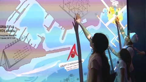 Visitor people touch interactive colorful wall in Monaco pavilion Video stock 78796855
