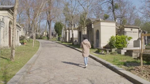 Visitor Walking Through Pere Lachaise Cemetery in Paris Daylight Scene Stock Footage 337708981