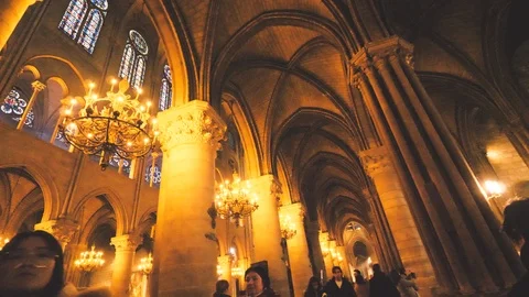 Visitors admiring from the interior Notre-Dame de Paris cathedral Stock Footage 106415720