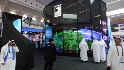 Visitors and atendees moving around ADIPEC 2025 Stock Footage 321046367