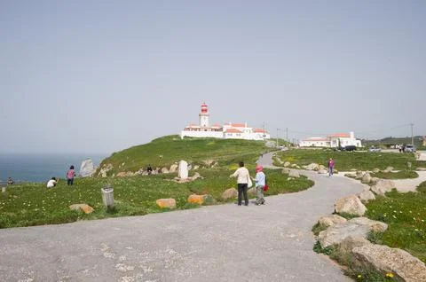 Visitors at Cabo da Roca Lighthouse and Coastal Path in Portugal Stock Photos