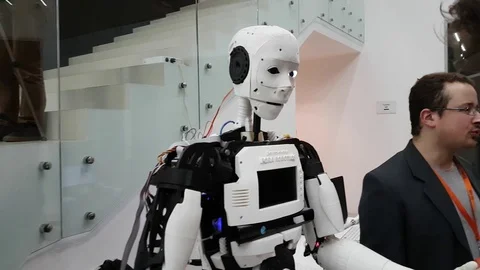 Visitors communicate with the robot Stock Footage