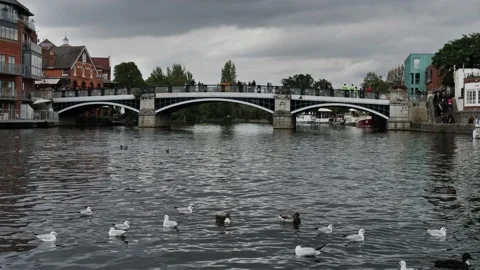 Visitors cross the Thames on Windsor bridge slow motion 4K Stock Footage 212431857