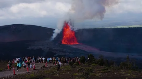 Visitors at Designated Viewing Area During Eruption Видео 331313540