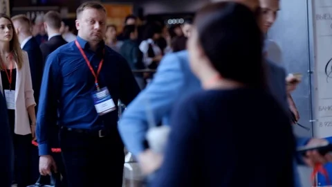 Visitors during the break of the conference have a rest and communicate in the Video stock 89635596
