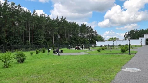 Visitors enjoy time in a park with trees and green grass on a sunny day in summe Stock Footage 329361385