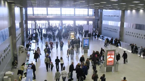 Visitors enter in exhibition registration pavilion in Crocus Expo Stock Footage