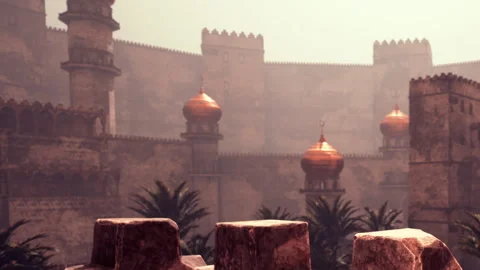 Visitors explore ancient castle with towers and domes in the background Stock Footage 345064520