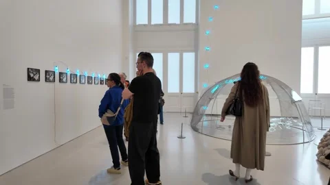Visitors Explore an Art Exhibit Featuring Illuminated Installations and Stock Footage 299899917