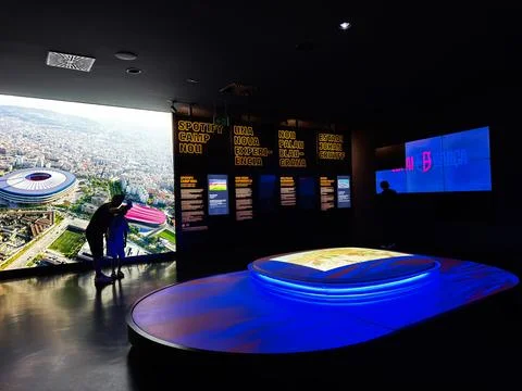 Visitors exploring the interactive Spotify Camp Nou exhibition and stadium .. Stock Photos