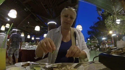 Visitors to the fish restaurant. Stock Footage 72140861