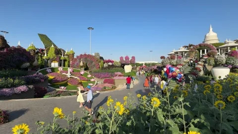 Visitors at the Flower Clock in Dubai Miracle Garden. Dubai UAE 5 March 2026. Stock Footage 345504225