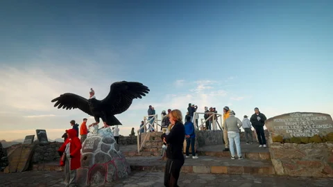 Visitors Gather at Mountain Viewpoint Beside Condor Monument at Sunrise Stock Footage 342706712