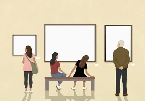 Visitors looking at art hanging on museum wall Ilustración de archivo