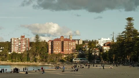 Visitors at Manly beach during winter Stock Video Pond5