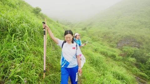 Visitors in mountain fog Stock Footage 347486607