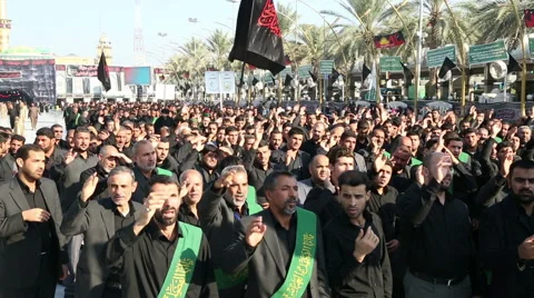 Visitors mourning for Imam Hussein outside of the shrine, Karbala, Iraq 758 Stock Footage 45158664