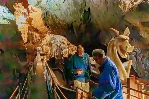 Visitors observing illuminated limestone formations in a large cave chamber.. Stock Photos