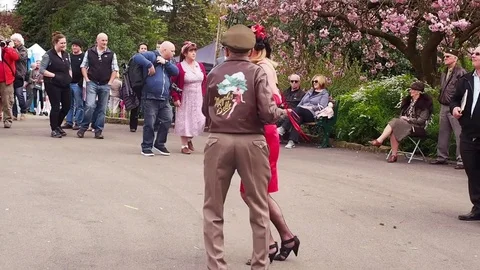 Visitors partaking in the 1940's tea dance at Howarth Stock Footage 71574970