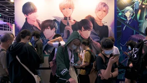 Visitors queue in line to have access to a booth during the Anicom and Stock Footage 159576463