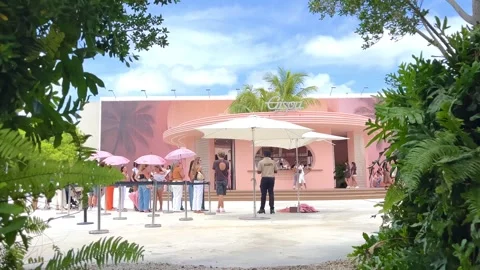 Visitors queuing at an art basel event in miami design district Video stock 308712282