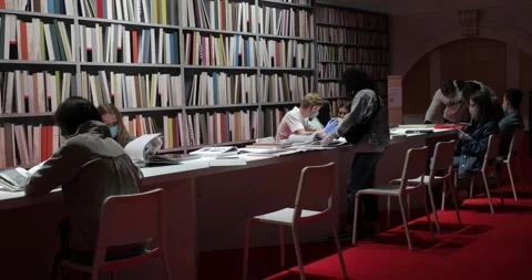 Visitors reading at a table in the museum library Stock-Footage 135603238