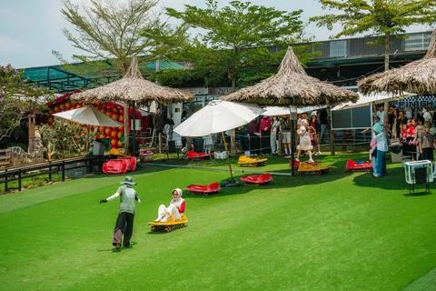 Visitors Riding Grass Sleds Down a Slope at an Outdoor Adventure Park Stock Photos
