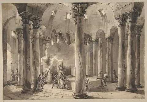 Visitors with Torches Inside a Circular Building ca. 1769 Jean Pierre Louis.. イラスト素材