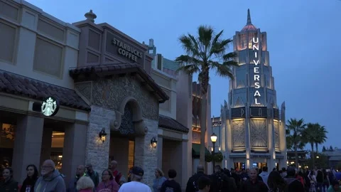 Visitors of the Universal Studios Hollywood theme park at Universal Plaza. LA Stock Footage 148550035