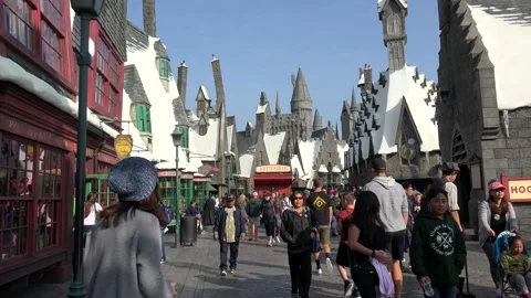 Visitors of the Universal Studios theme park near the Hogwarts castle. LA, USA 库存影片 148550050