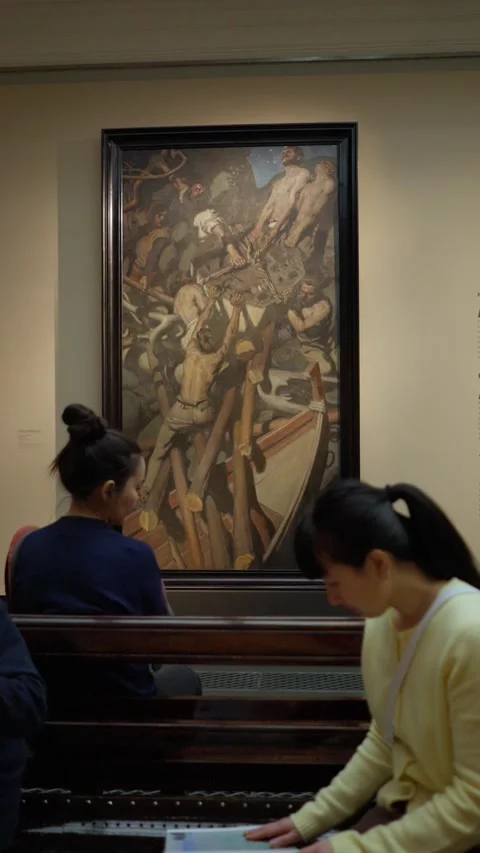 Visitors viewing "The Forging of the Sampo" Sammon taonta by Akseli Gallen 库存影片 347276727