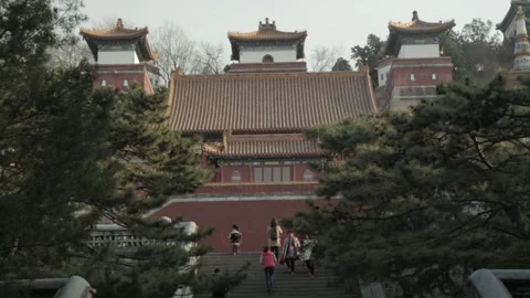Visitors Walking Up Stone Steps Toward Ancient Pavilion at Summer Palace Beijing Stock Footage 341782033