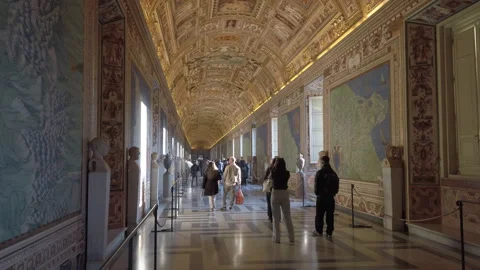 Visitors Walking Through the Gallery of the Maps, Vatican Museums, Rome Stock Footage 307237740