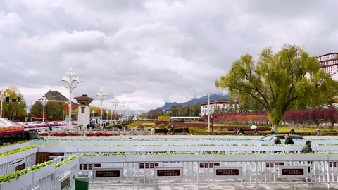 Visitors Walking Through Security Checkpoint Queues Near Potala Palace, Tibet Stock Footage 327549943