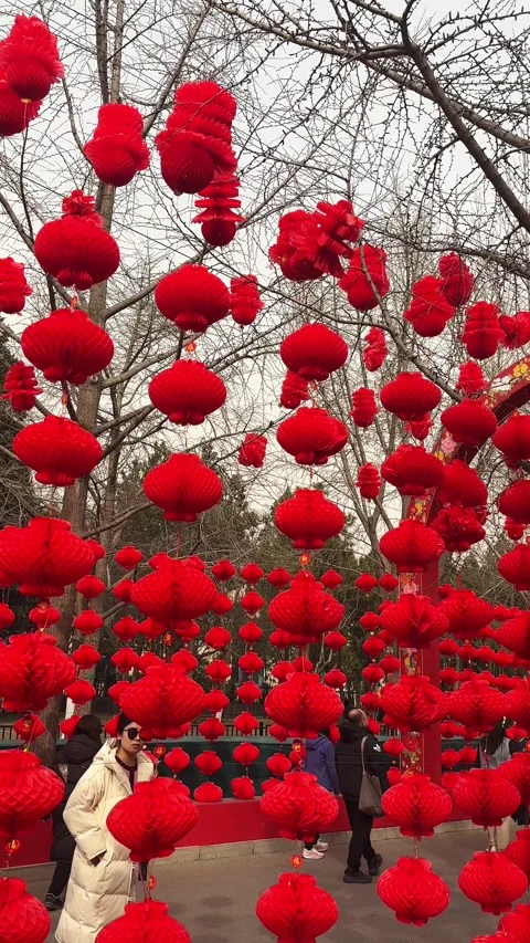 Visitors walking under red lanterns at Ditan Temple Fair Stock Footage 329847352
