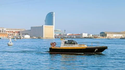 Vista port view with Barcelona pilot boat Stock Photos