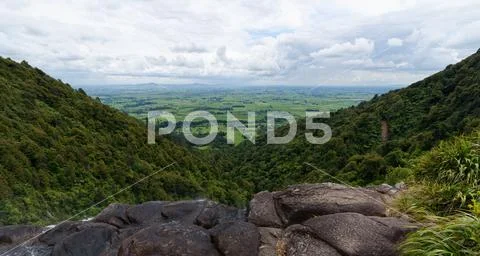 Vista from the top of Wairere Falls, New Zealand Stock Photos