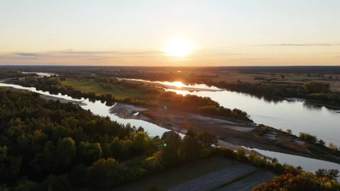 Vistula River Bend Aerial View Autumn Forest Sunset Miecmierz Poland Stock Footage 333476505