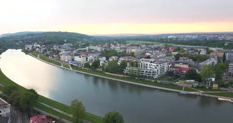 The Vistula River in Krakow, boulevards and housing estate Stock Footage 130564176