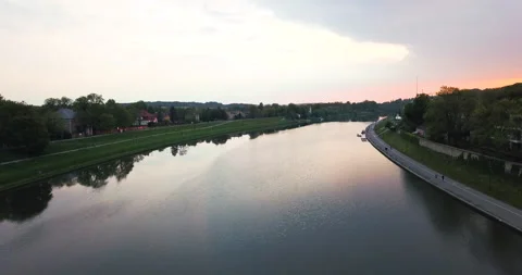 The Vistula River in Krakow, boulevards and housing estate Stock-Footage 130565958