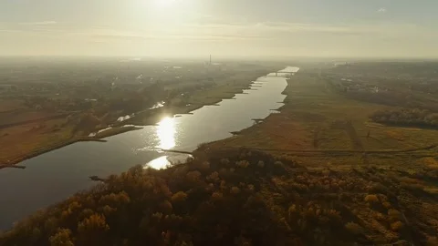 Vistula river (Wisla) and Pepper Hills (Gory Pieprzowe) at sunset. Autumn in Stock Footage 122517030