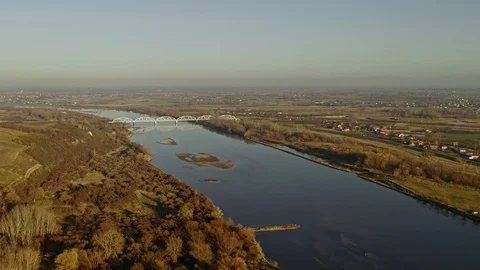 Vistula river (Wisla) and Pepper Hills (Gory Pieprzowe) at sunset. Autumn in Stock Footage 122517345