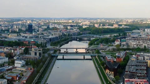 Vistula River, Wisla seen from the air in Cracow, Krakow, Poland, Polska Stock Footage 129763753