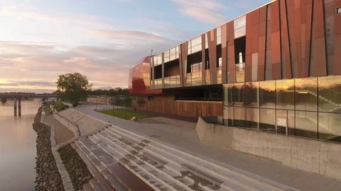 Vistulan Boulevards and Copernicus Science Centre in Warsaw Aerial View Stock Footage 84041841